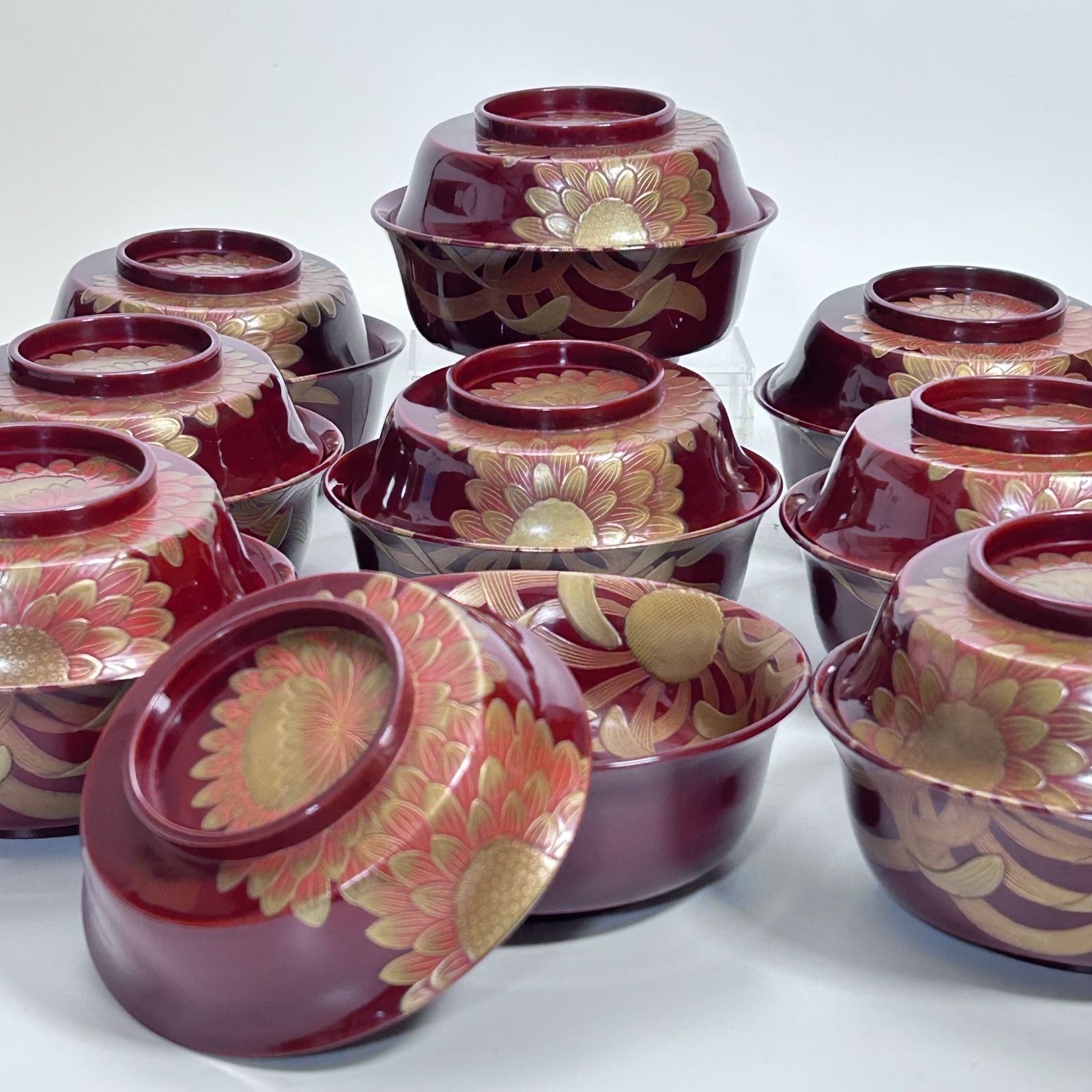 紅菊模様 漆器 菓子椀 金蒔絵 9客＋1客 箱有り ビンテージ