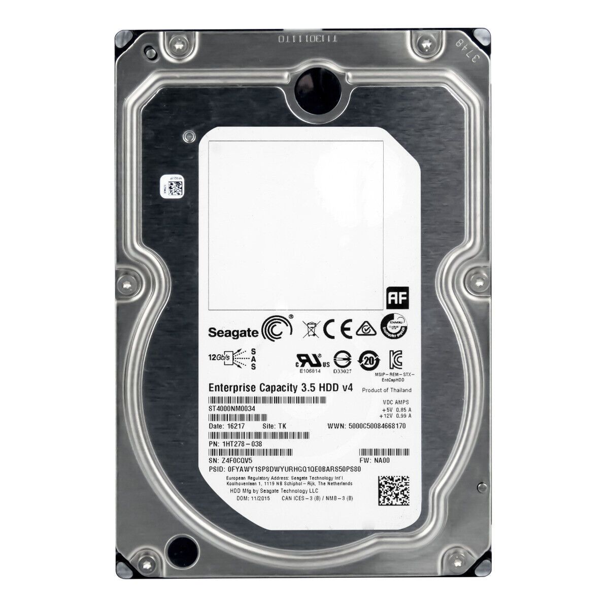 Seagate St4000nm0034 4TB 7.2K 128MB SAS-3 3.5 エンタープライズ キャパシティ V4