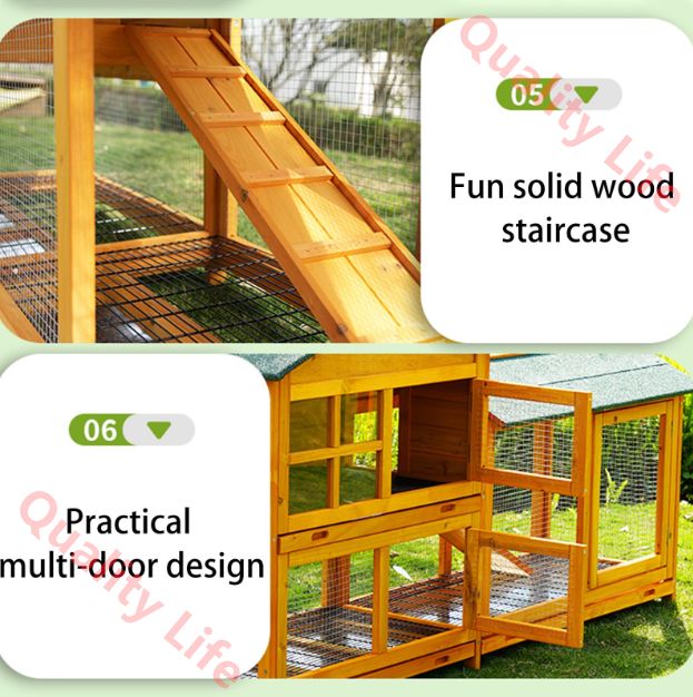 屋外用ウサギ小屋 傾斜ランとトレイ付きの2階建てウサギケージ