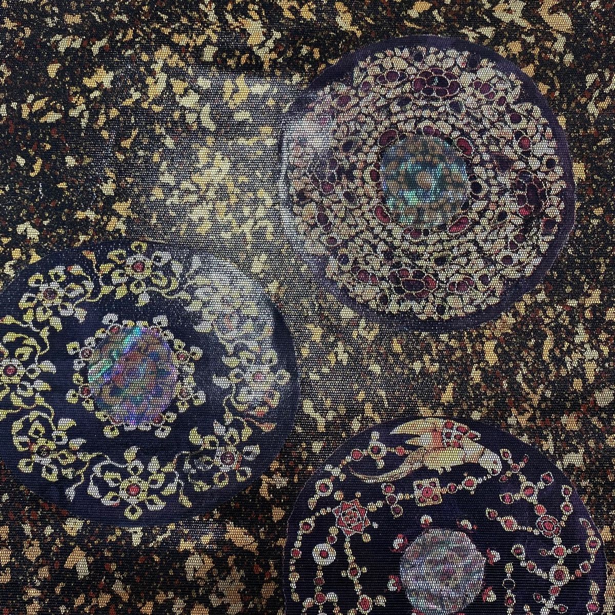 【美品】 袋帯 名品 華文 花鳥 箔 螺鈿 黒 お太鼓柄 正絹 【】