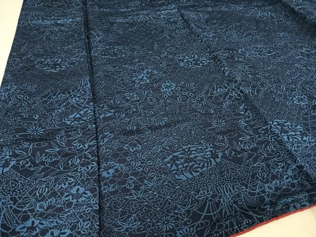 平和屋着物○上質な小紋 藍 型染め 流水花文 正絹 逸品 AABA4589np