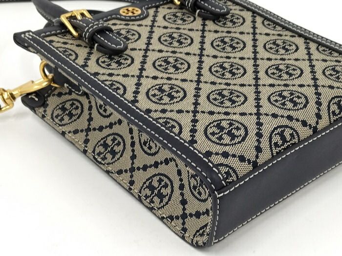 TORY BURCH ジャガード 2WAYショルダー トートバッグ レザー キャンバス ネイビー ベージュ DECORATOM_COM_BR