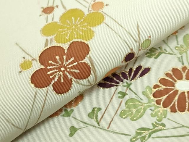 平和屋本店■極上　銀座　志ま亀　塩瀬　九寸名古屋帯　梅菊　網干　油色地　金彩　たとう紙付き　逸品　DZAA5477kh5 平和屋本店□極上 銀座 志ま亀 塩瀬 九寸名古屋帯 梅菊 網干 油色地