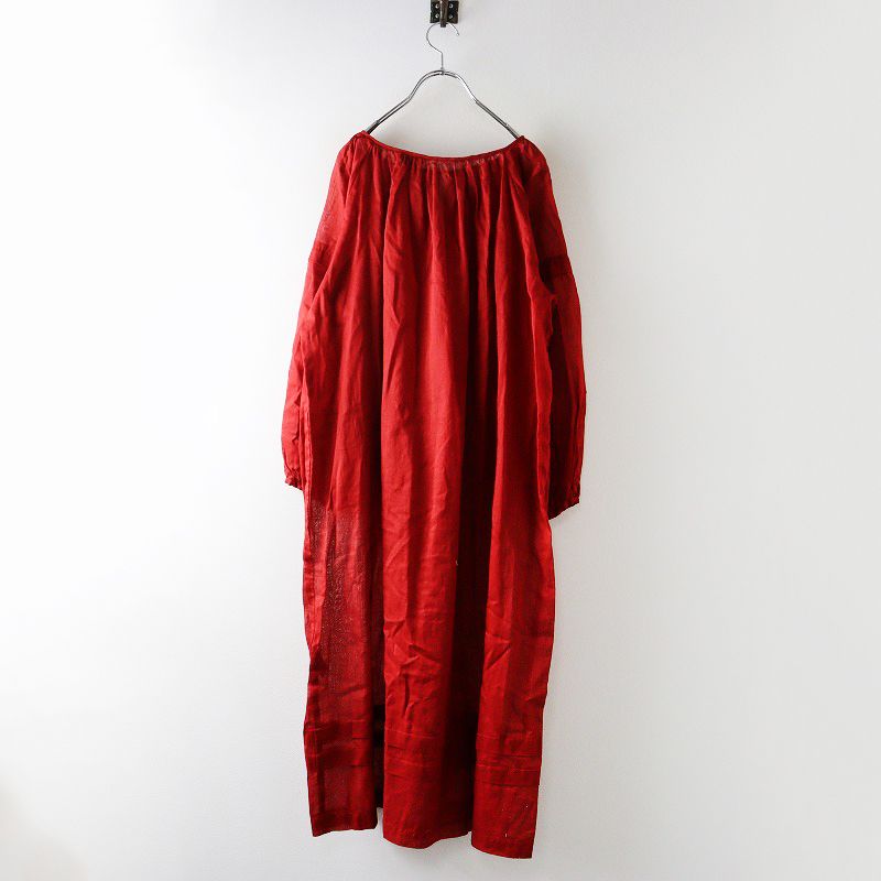 2025 SS ハグオーワー Hug O War ギャザーネックタックワンピース F｜レッド トップス シアー プルオーバー ドレス