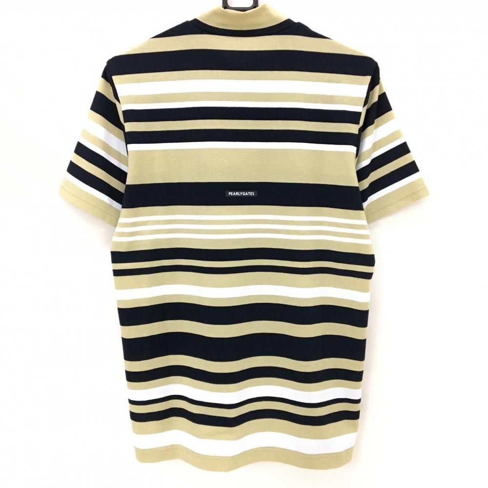 超 パーリーゲイツ 半袖ハイネックシャツ ベージュ×黒×白 ボーダー 胸ロゴ メンズ 5 L ゴルフウェア モデル PEARLY GATES