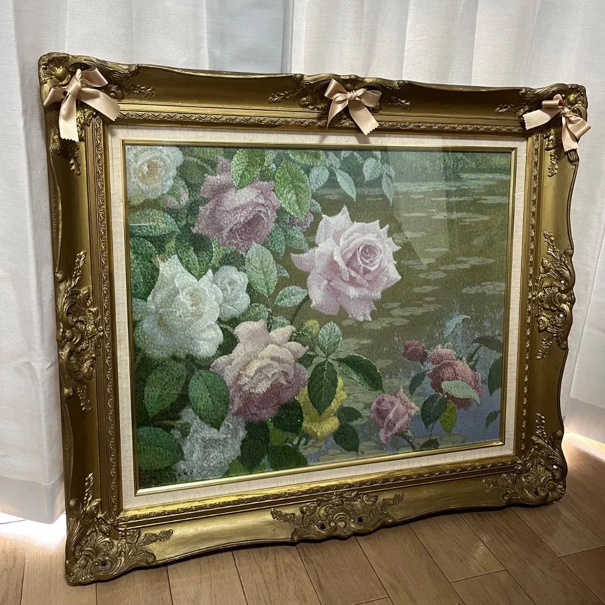 ? 美術作品 三宅信博 池畔 薔薇 F10号 額装品