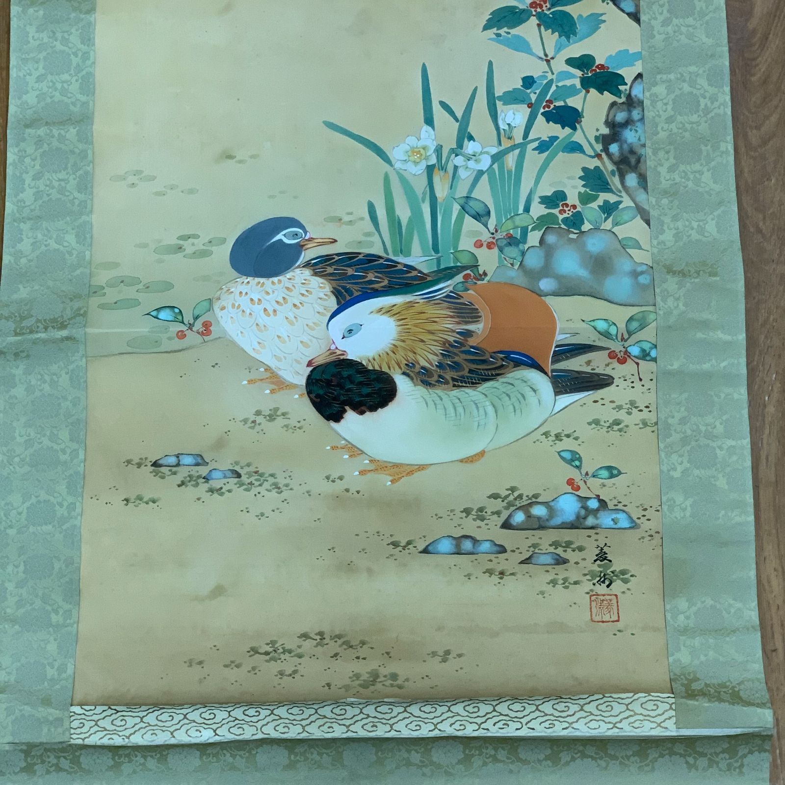 作者不詳/雪中オシドリ図/鴛鴦図/花鳥図/おしどり図/掛軸☆宝船☆AF-93 真作/竹内栖鳳/狐鹿図/秋山/小鹿図/花鳥図/山水図/掛軸☆宝船
