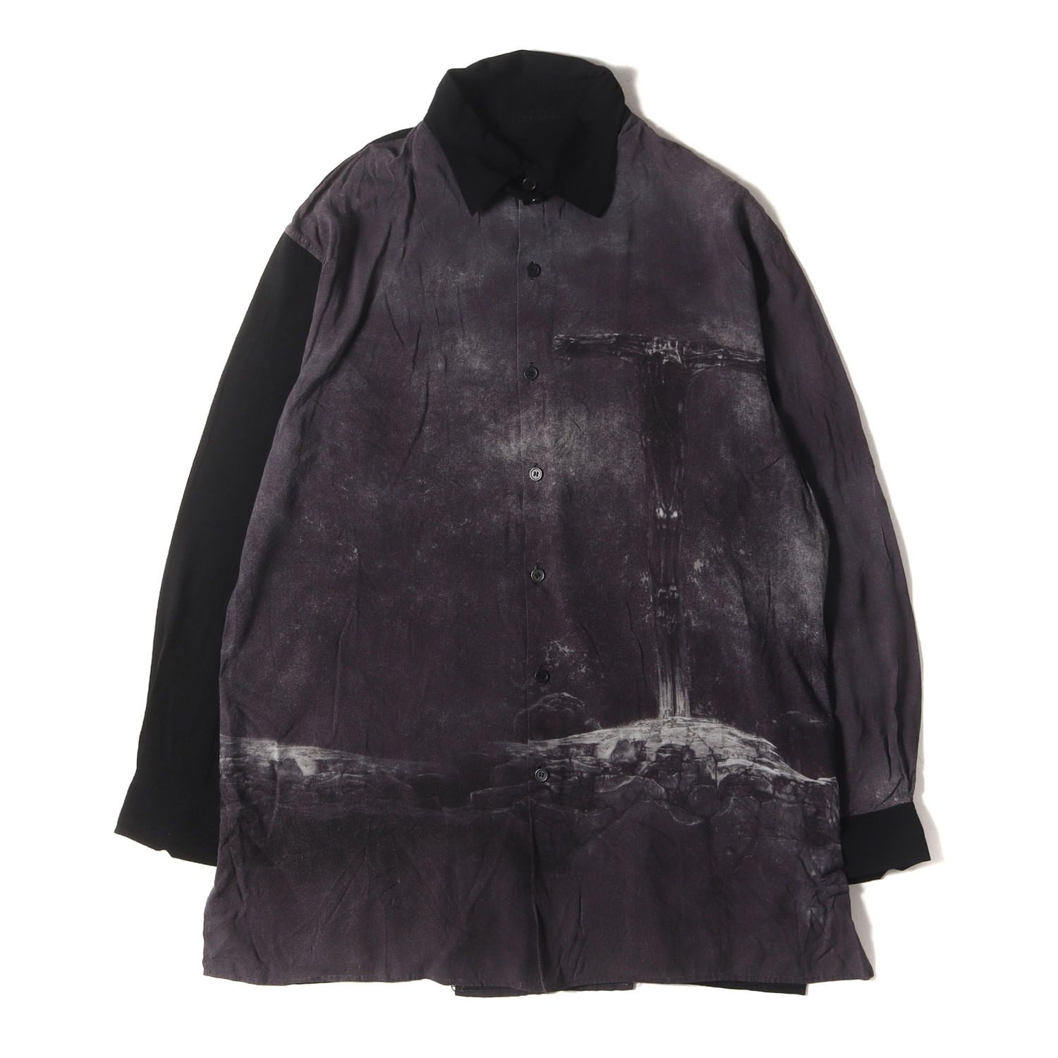 Yohji Yamamoto ヨウジヤマモト シャツ サイズ:2 / 22SS Zdzislaw Beksinski アートグラフィック レーヨン ロングシャツ (HG-Y51-843) / POUR HOMME / ブラック 黒 / トップス【メンズ】