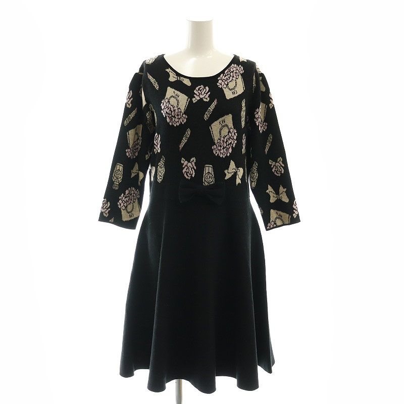 エムズグレイシー M'S GRACY Icon Motif Knit One-piece ニットワンピース 長袖 ひざ丈 フラワー 花柄 ウエストリボン  ウール混 40 L 黒 ブラック /KO □OS - メルカリ
