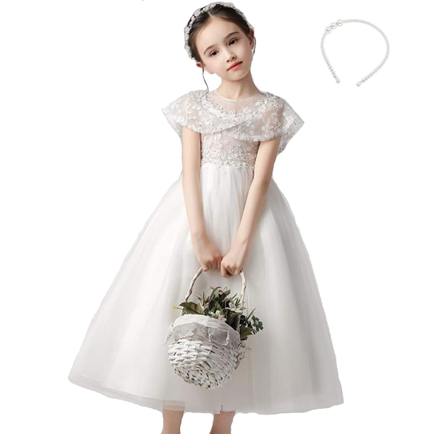 Size:150_Color:ホワイト [VIISEN] 子供 ドレス キッズ ピアノ 発表会 ドレス 女の子 演奏会 ドレス ジュニアドレス フォーマル 結婚式 誕生日 花嫁介添人 パーディー 上品 刺繍 エレガント 子ども 