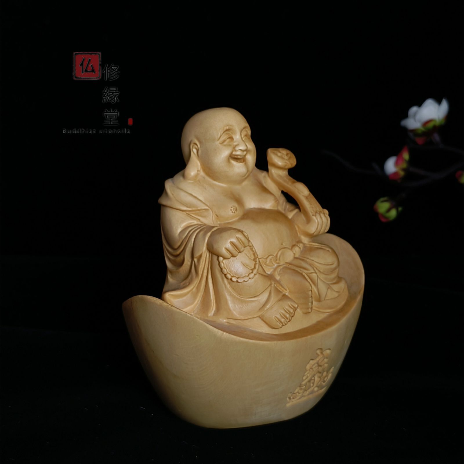 修縁堂】極上品 木彫仏像 七福神布袋様 彫刻 一刀彫 天然木檜材 仏教 