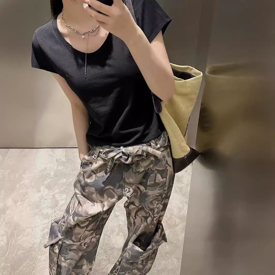 迷彩ロールウエスト大ポケットタイツカジュアルロングパンツワイドパンツ