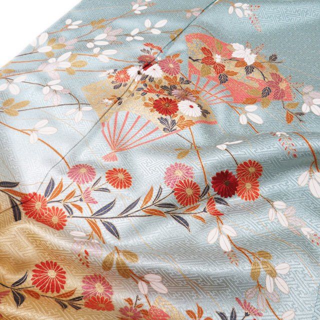 訪問着 着物 中古 正絹 袷 金駒刺繍 作家物 落款 花の図 扇子 地