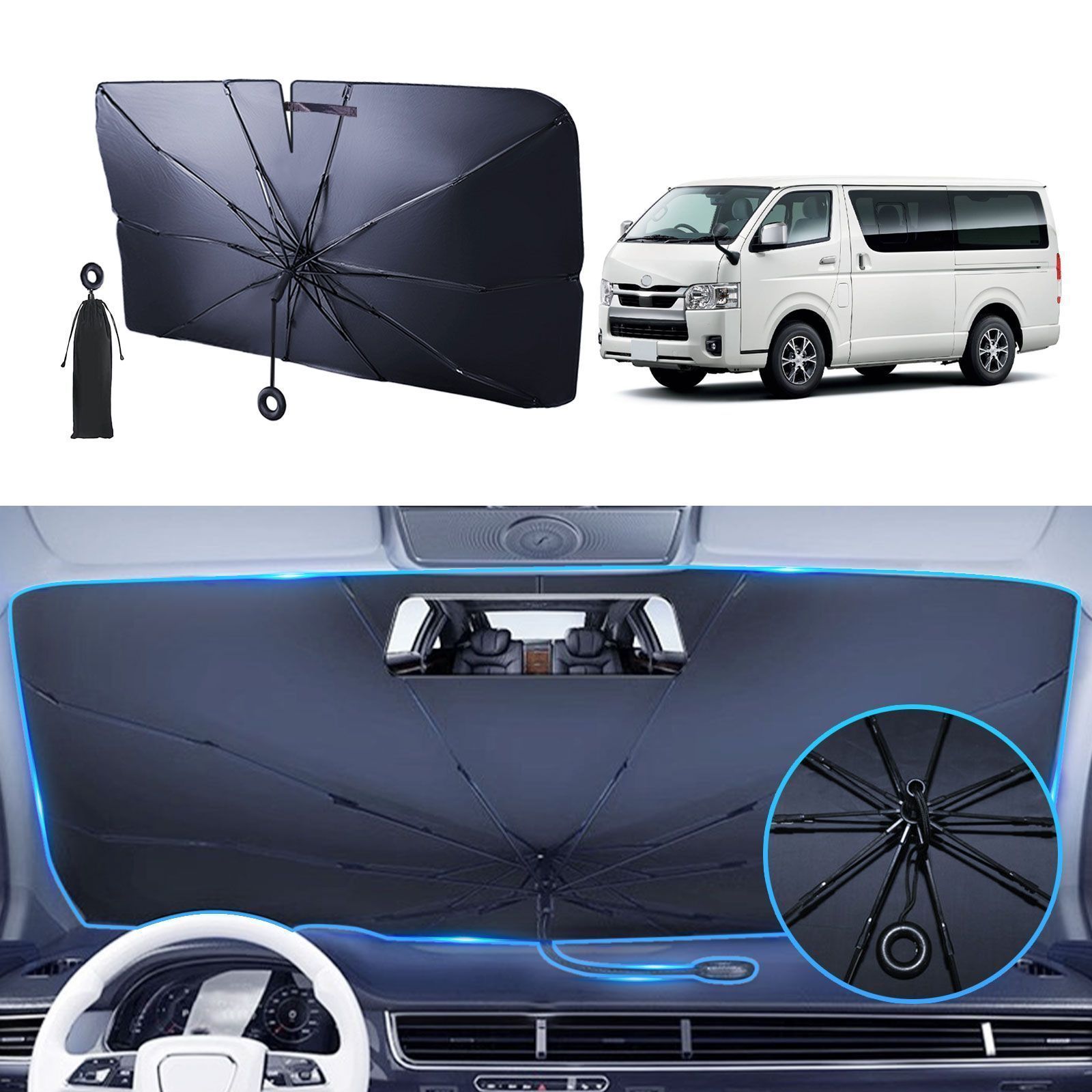 Persevere サンシェード 車 ハイエース 標準ボディ専用 傘型 フロント 開き口設計 ロープ式中棒無し 内装を傷つけない 日除け フロントガラス 紫外線対策 UVカット 収納ポーチ付き コンパクト 