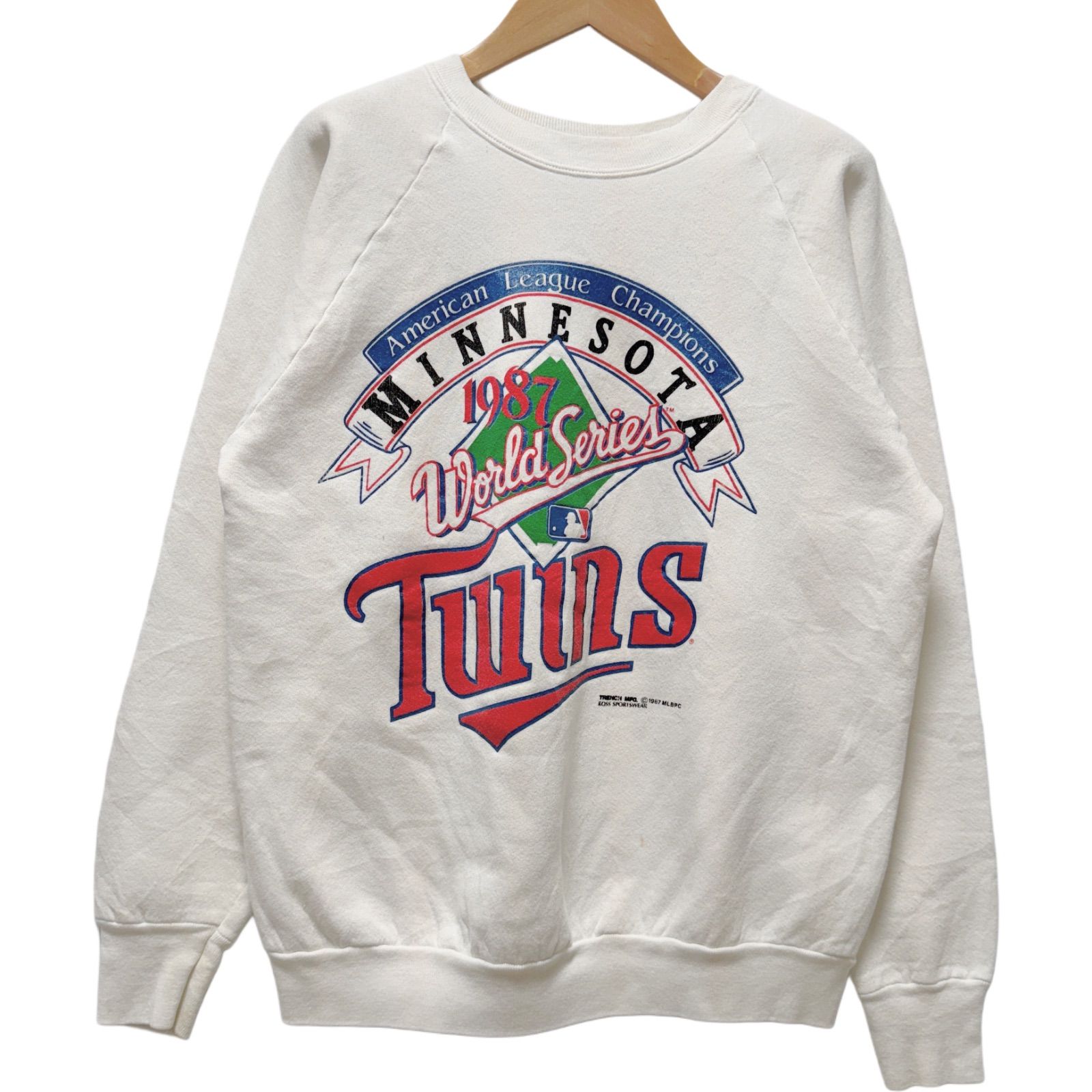 ビンテージ 80s USA製 FRUIT OF THE ROOM スウェット M相当(表記L) MLB MINNESOTA TWINS  ミネソタツインズ フルーツオブザルーム トレーナー 長袖 ラグラン スエット ボックスシルエット ホワイト 古着 N802