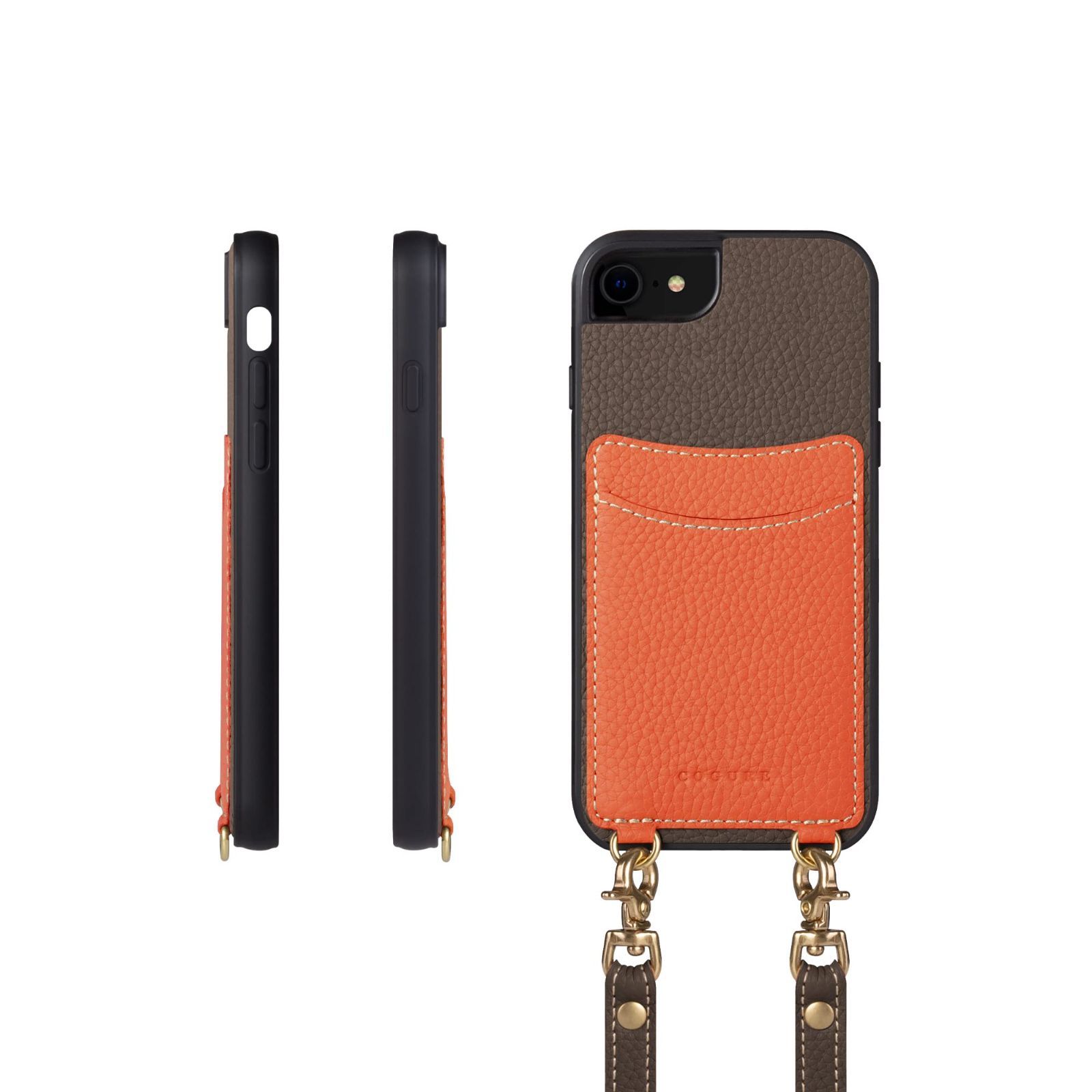 新品 COGURE コグレ iPhone SE 第3世代/iPhone SE 第2世代/iPhone 8/iPhone 7 ケース ショルダーストラップ 本革 カード収納 落下防止 耐衝撃 ギフトボックス付き COPGCS エトープ+オレンジ【Etoupe+O