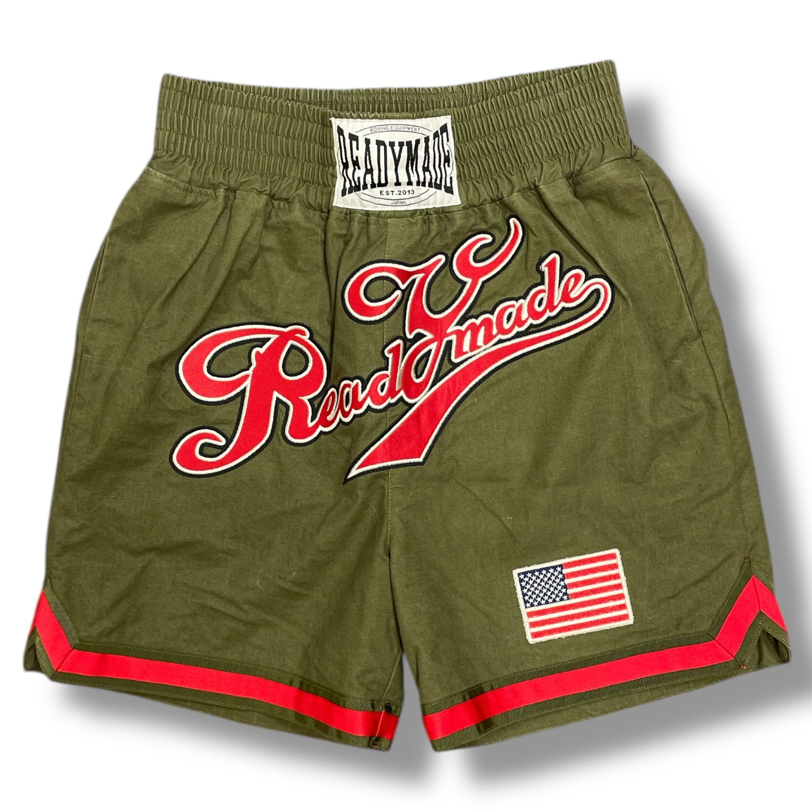 READYMADE boxing shorts ボクシングショーツ ハーフパンツ 刺繍ロゴ レディメイド カーキ 2 93710A7