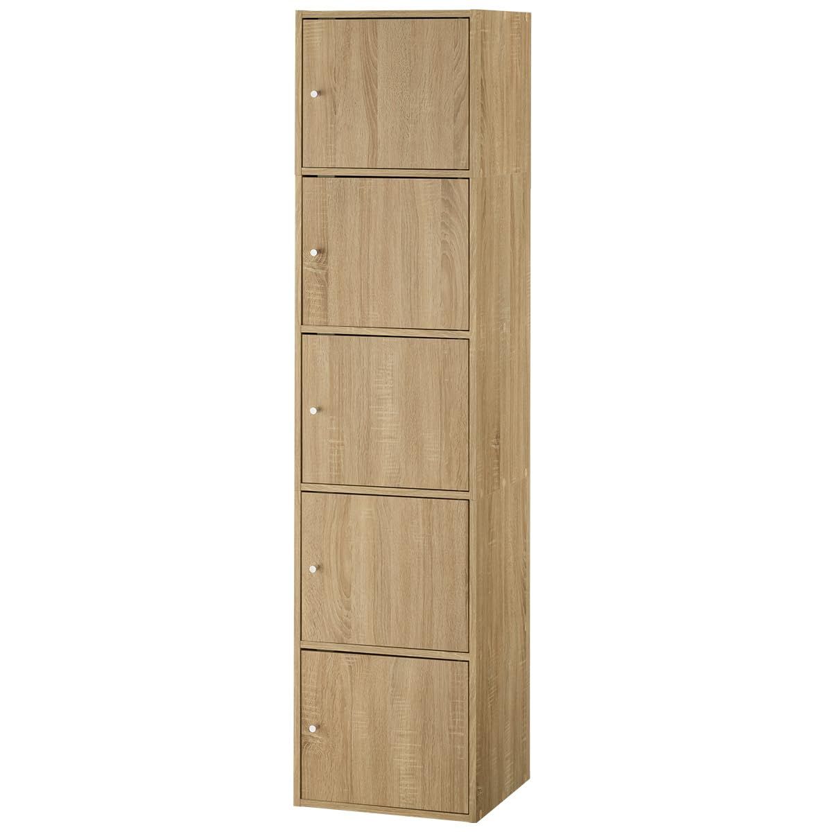 商品 本棚 ボックス 5段 扉付き 幅41.1×奥行38.6×高さ171.7cm ぼん家具 収納 ラック すき間収納 可動棚 オーク
