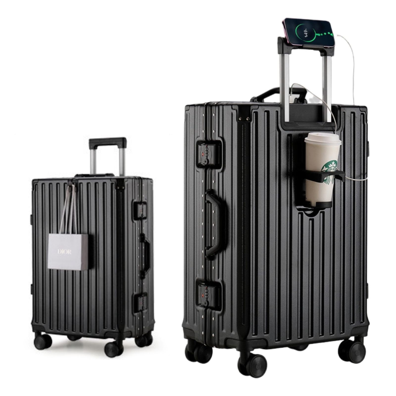 大 機内持込可 s m l xlサイズ キャリーケース 2泊3日 ブラック キャリーバッグ USB充電口付き アルミフレーム カップホルダー付き 隠しフック スマホホルダー付き 軽量大型 大容量 耐衝撃 スーツケース 人気 おしゃれ 静音 36