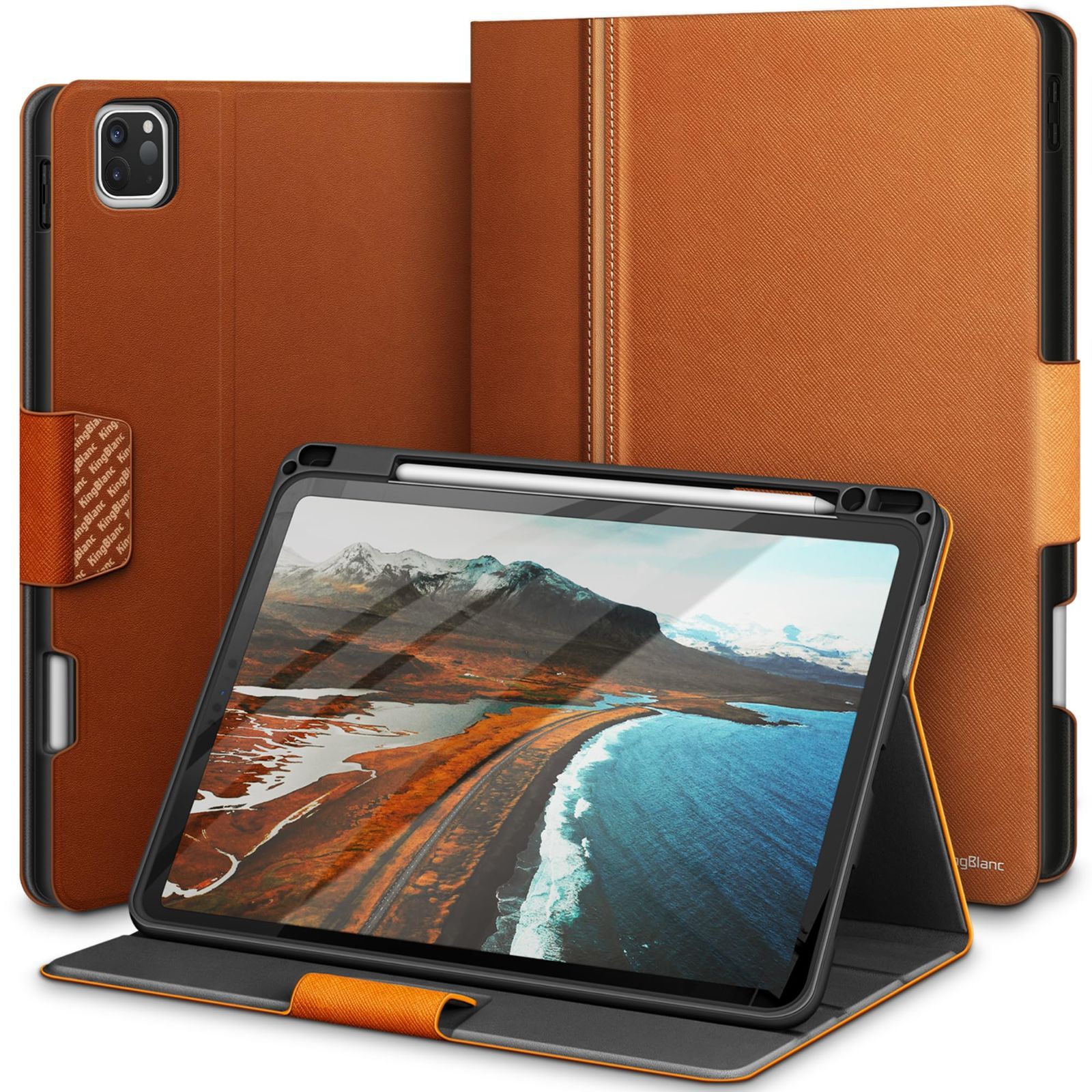 数量 第6 5 4 3世代 2025 2021 2020 2018モデル ケース Apple インチ Pencil 2の充電対応 12 9 PUレザー 手書き角度 Pro 全面保護 iPad 傷つけ防止 スマートカバー KingBlanc ブラウン