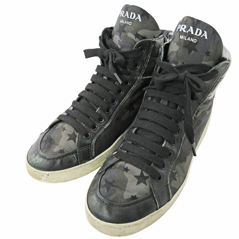 プラダ PRADA スニーカー 迷彩 カモフラ柄 ハイカット レザー 38