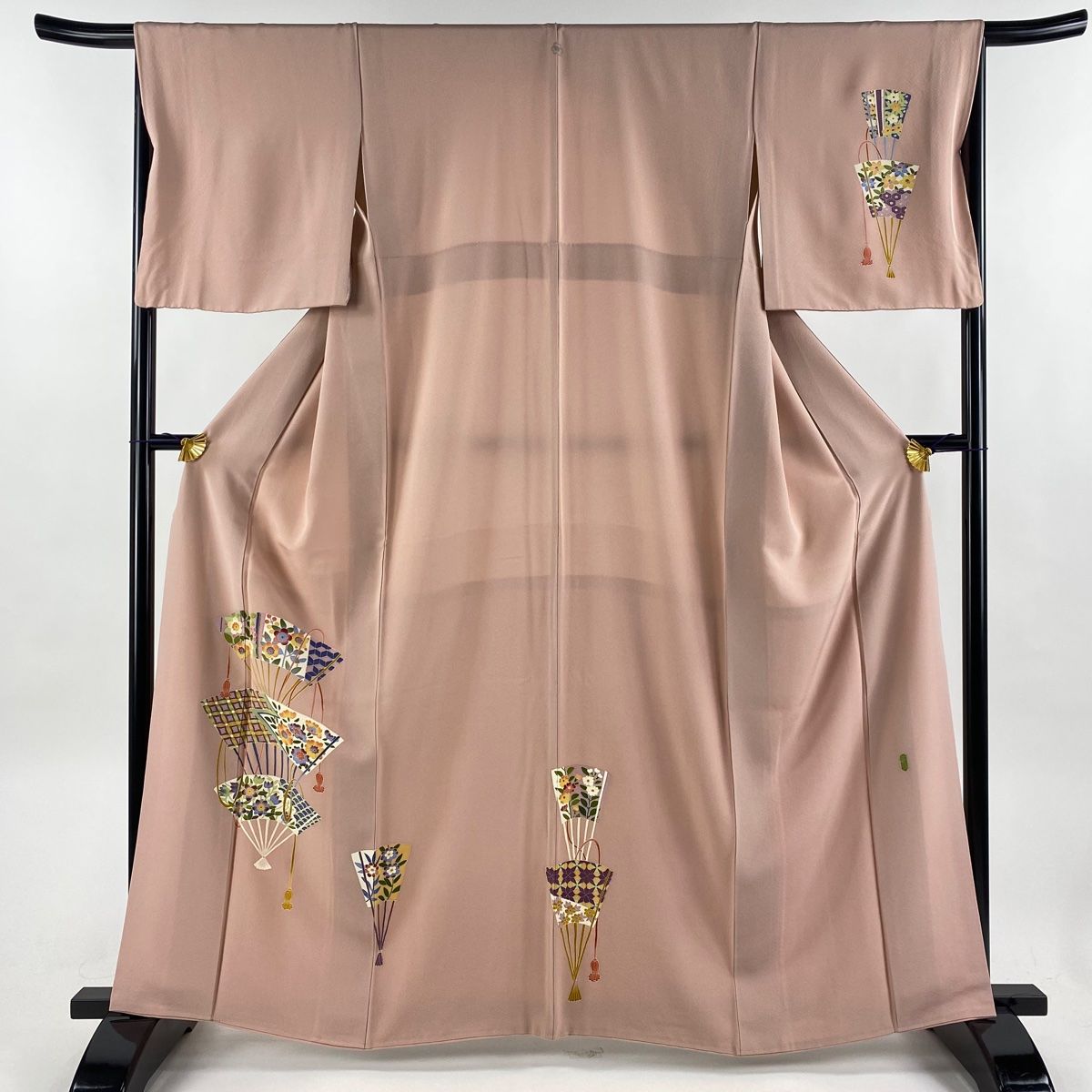 付下げ 身丈163cm 裄丈66.5cm M 袷 押田正義 落款 扇 ピンク 正絹 美品  