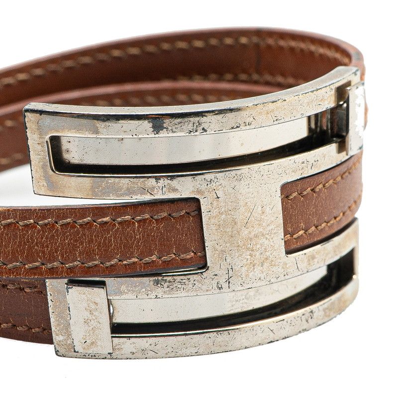 エルメス プスプス ブラウン シルバー レザー メタル レディース  