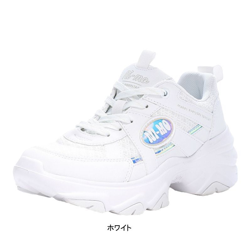 超激得，100%新品 スニーカー キッズ ジュニア 女の子 厚底 ダットスニーカー おしゃれ カワイイ レースアップ ひも 子供 靴 ローカット ニーモ  NI-MO ムーンスター tmnmj110 ホワイト 24.5cm スニーカー