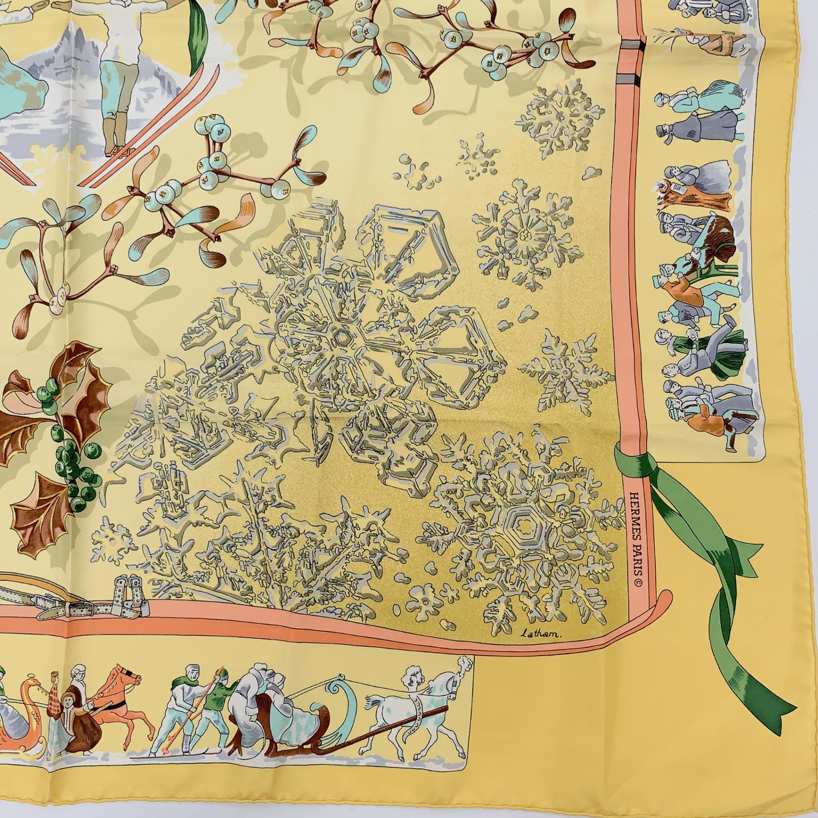 HERMES エルメス カレ90 Neige d'Antan 去年の雪 イエロー シルク100