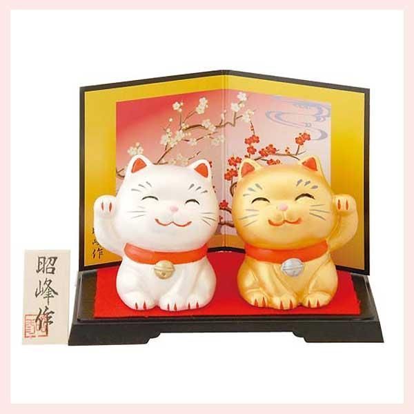 幸せ招き猫　金・銀セット（特小）　SN-037　※陶器，まねき猫，開運招福，縁起物，和，民芸品，工芸品，日本，雑貨，レトロモダン，かわいい，可愛い，キャット，ねこ，置物，ファンシ