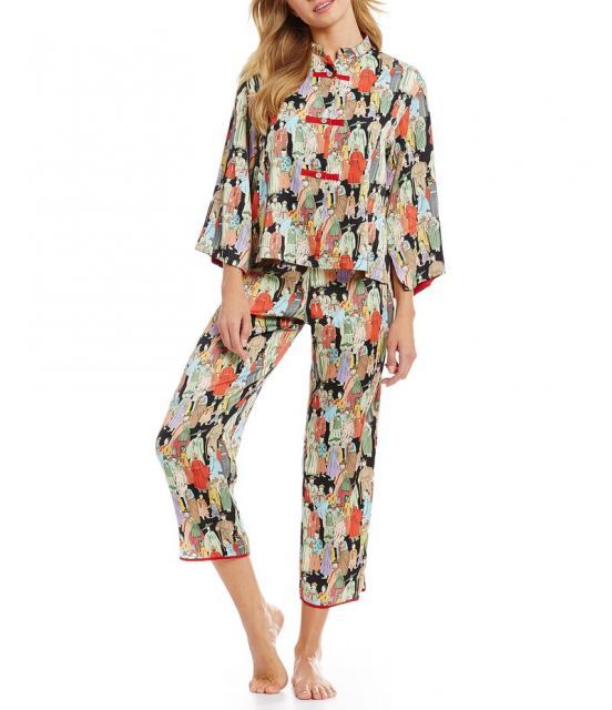 ナトリ レディース ナイトウェア アンダーウェア Dynasty Crowded City Satin Coordinating Pajama Set Black|Multi