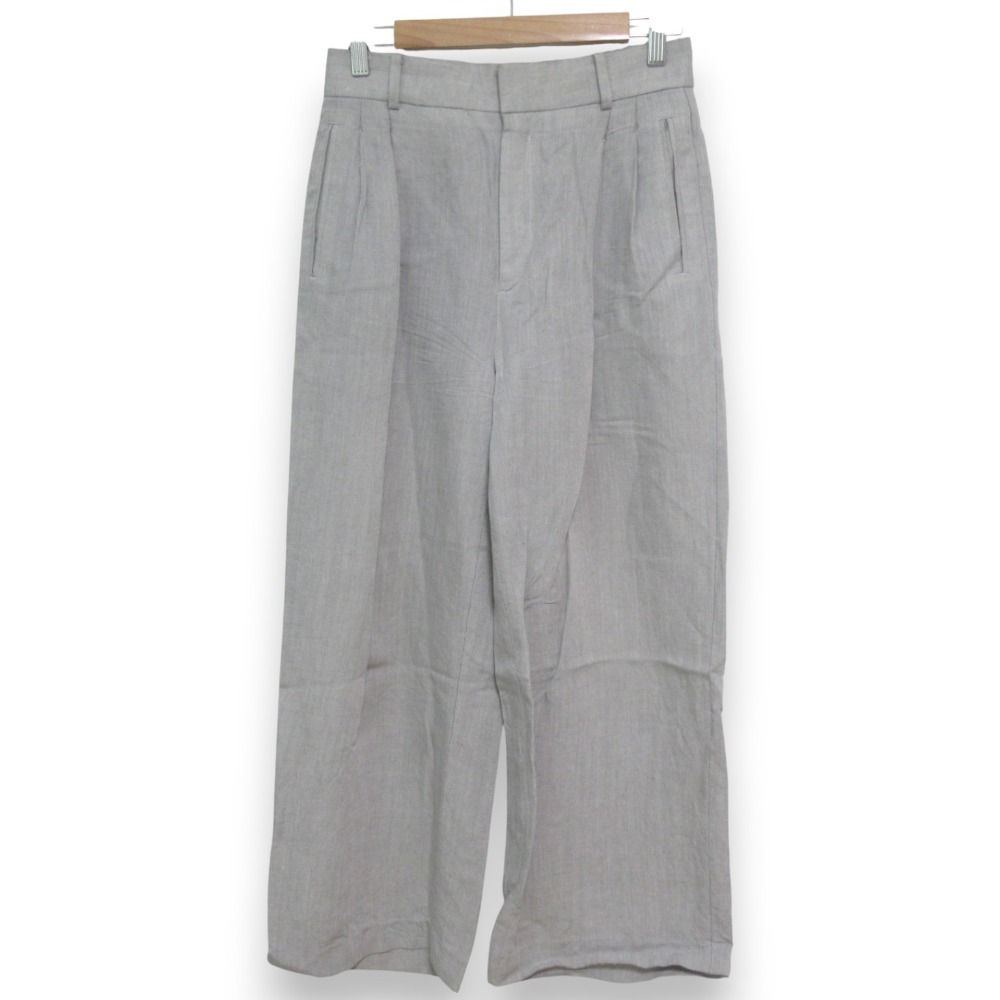 24SS ebure エブール リネン タックワイドパンツ サイズ36 ライトグレー レディース 古着