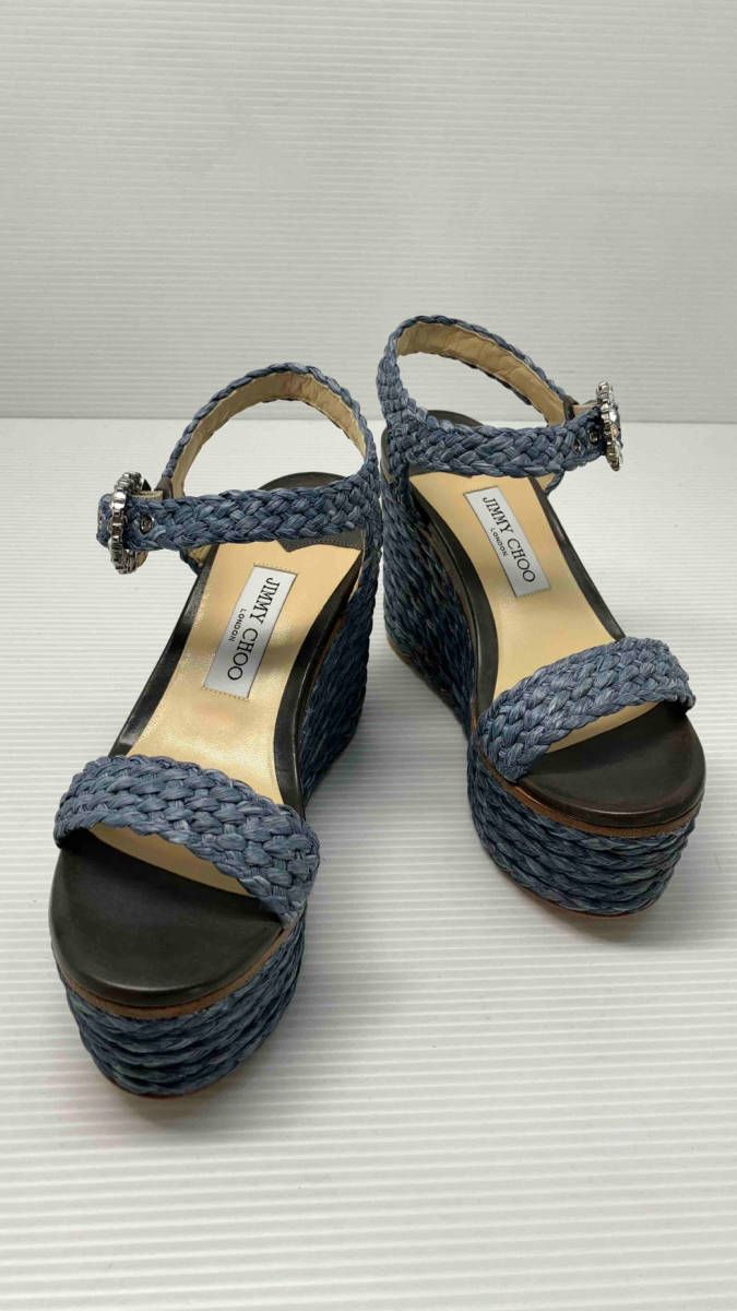 JIMMY CHOO ジミーチュウ サンダル NYLAH 100 Dusk Blue Raffa Wedge Sandals スペイン製 保存袋付き 38 23.5cm ブルー 夏