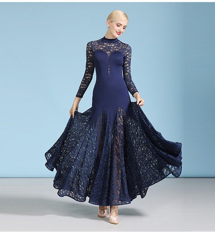 社交ダンス 衣装 透け感 モダンドレス 練習着 ロングワンピース ウェア イベント 競技 大きい裾 レディースダンス ステージ ワルツ ネイビー ダンスウエア ダンス発表会 団体 イベント演出用 LLC-HASEGAWATOSO_COM