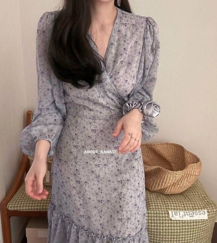 花柄ロングワンピース ボリューム袖 Vオープン 韓国系 S4857 オープンショルダー花柄ワンピース | PROPORTION BODY DRESSING