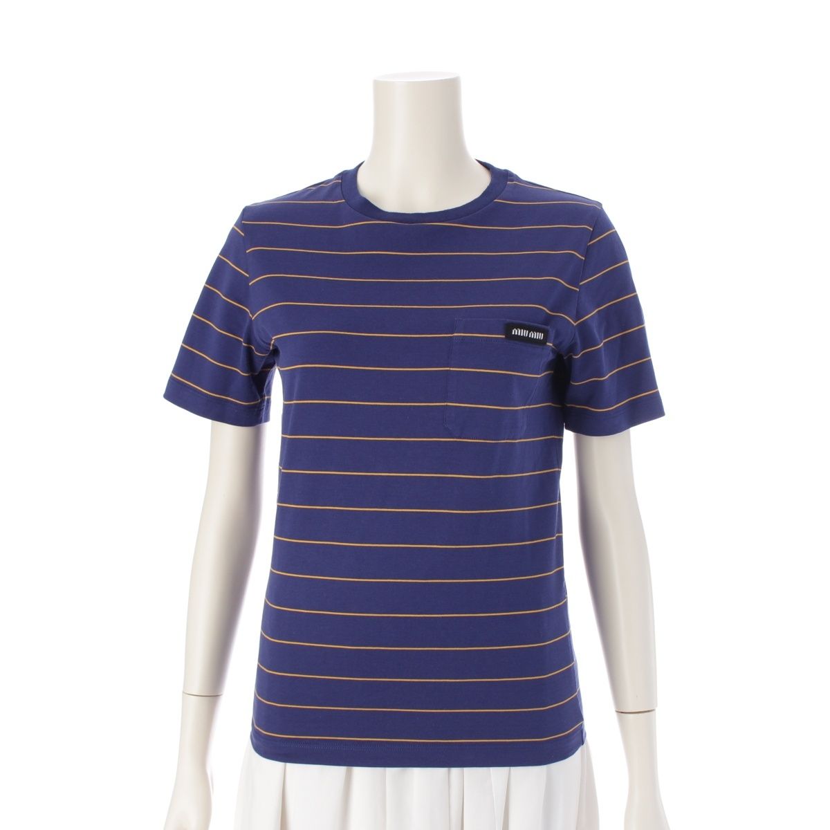 ミュウミュウ 24年 コットン ボーダー ジャージー 半袖Tシャツ