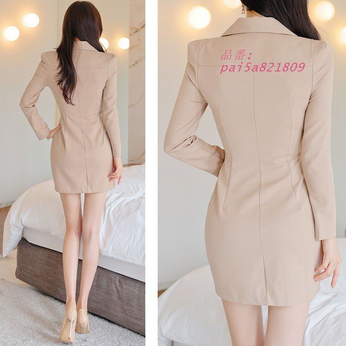 襟付きVネック 長袖前ボタンショートワンピース