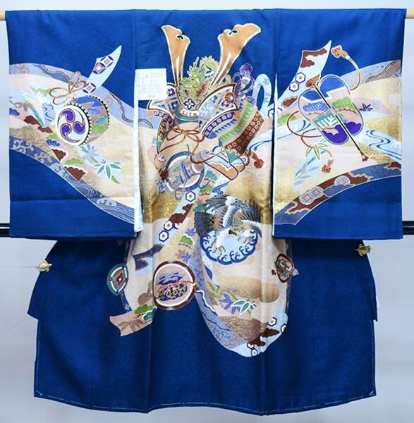 マリン　新品お宮参り 産着 祝着　京友禅工芸染　大将兜扇面鳳凰図豪華祝い文 マリン 新品お宮参り 産着 祝着 京友禅工芸染 大将兜扇面鳳凰図豪華