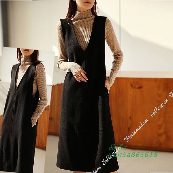 V襟ジャンバースカート ミモレ丈 ひざ下丈 ダブルポケット ブラック 大人 ほっそり効果大通勤通学20代30代40代50代60代 ほっそり効果大 女子会 yan5a865618