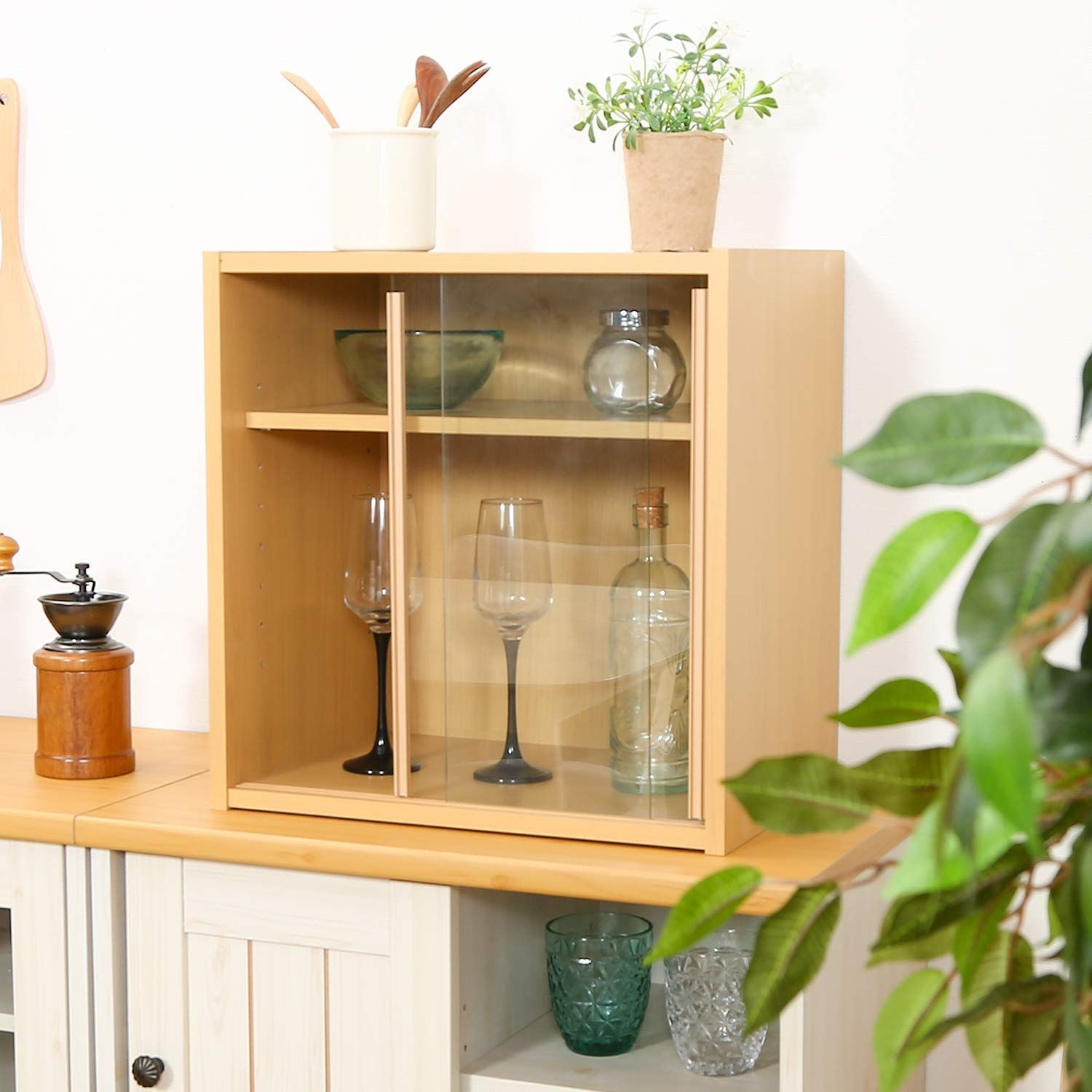 <最終価格>食器棚　ナチュラル　ガラス 不二貿易 食器棚 キッチン収納 幅43×奥行29×高さ44cm ナチュラル