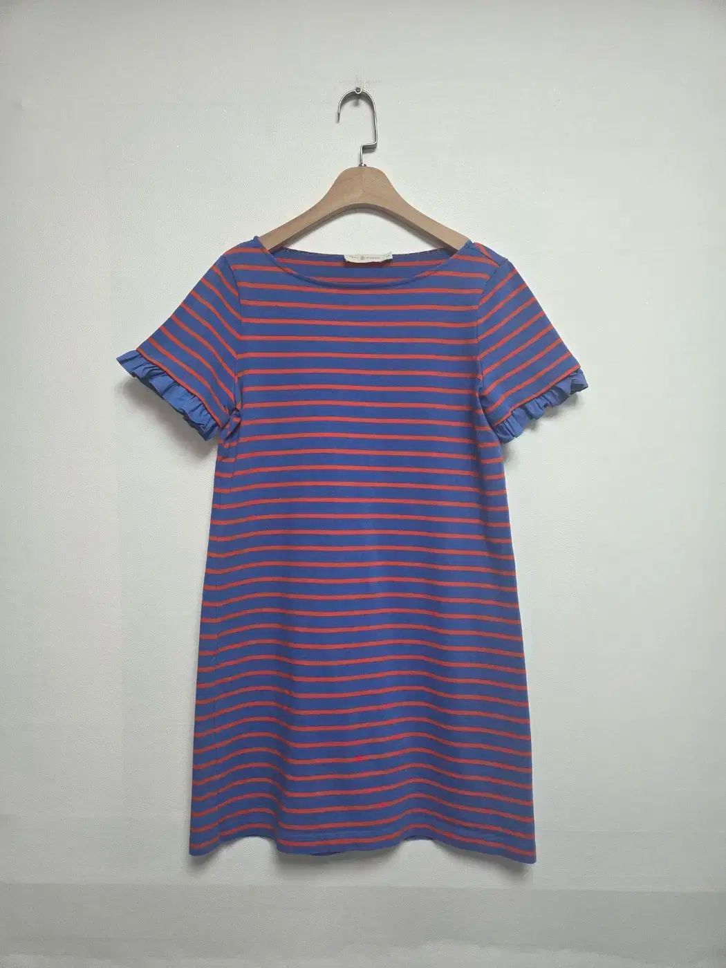 Tory Burch トリーバーチ フリルスリーブ ストライプ Tシャツ ワンピース ブルーオレンジ S