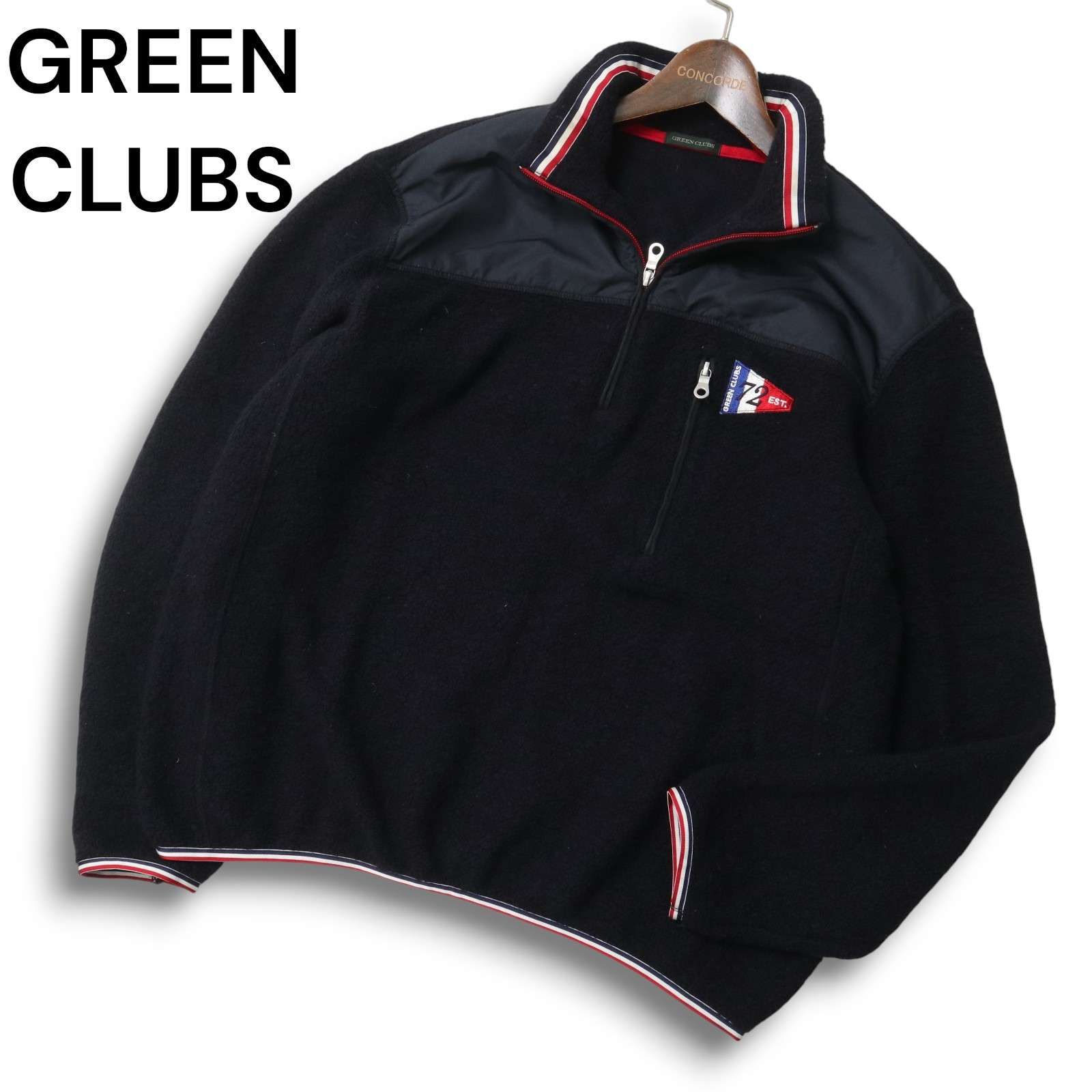 GREEN CLUBS グリーンクラブ 秋冬 ウール混 切替 ロゴ ハーフジップ トレーナー Sz.4 メンズ 紺 日本製 大きいサイズ