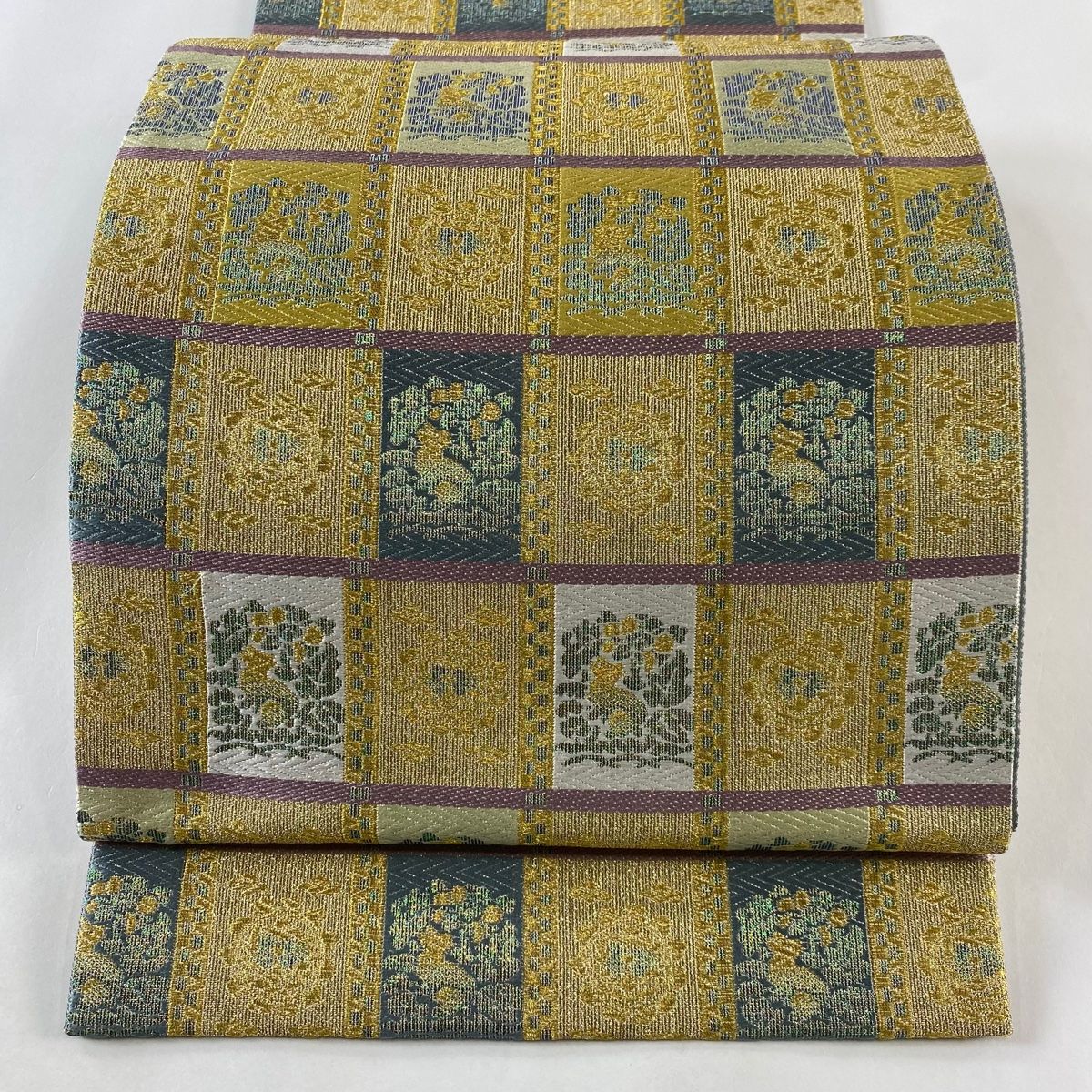 袋帯 美品 名品 格子 花うさぎ 金糸 箔 金色 六通 正絹 【中古