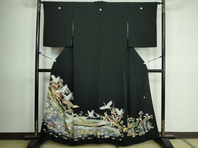 平和屋着物□豪華黒留袖 作家物 駒刺繍 飛鶴吉祥花文 金彩 正絹