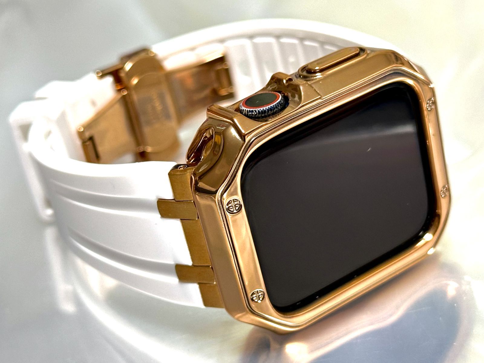 シームレス ホワイト-ローズゴールド アップルウォッチ 316Lステンレス ラバーベルト Apple Watch 厚ケース カバー series1〜9 38mm 40mm 41mm 42mm 44mm 45mm Apple Watch バンド