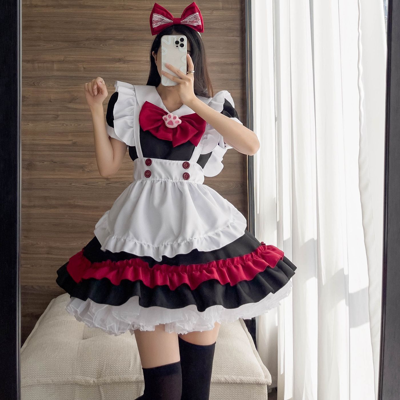 メイド服 ゴシック風 可愛い ロリータ 猫の手形リポン付き 可愛い子 メイドコスプレ ゴシックスタイル コンカフェ ハロウィン メイド仮装