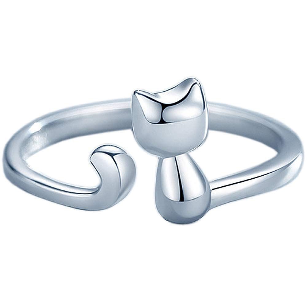 ネコ 猫の指輪 フリーサイズ サイズ調節 キャットリング シルバー925 SV925 銀 スターリングシルバー フォークリング オープンリング ピンキーリング ファランジリング 甲丸型リング 誕生日プレゼント クリスマスプレゼントに Ener