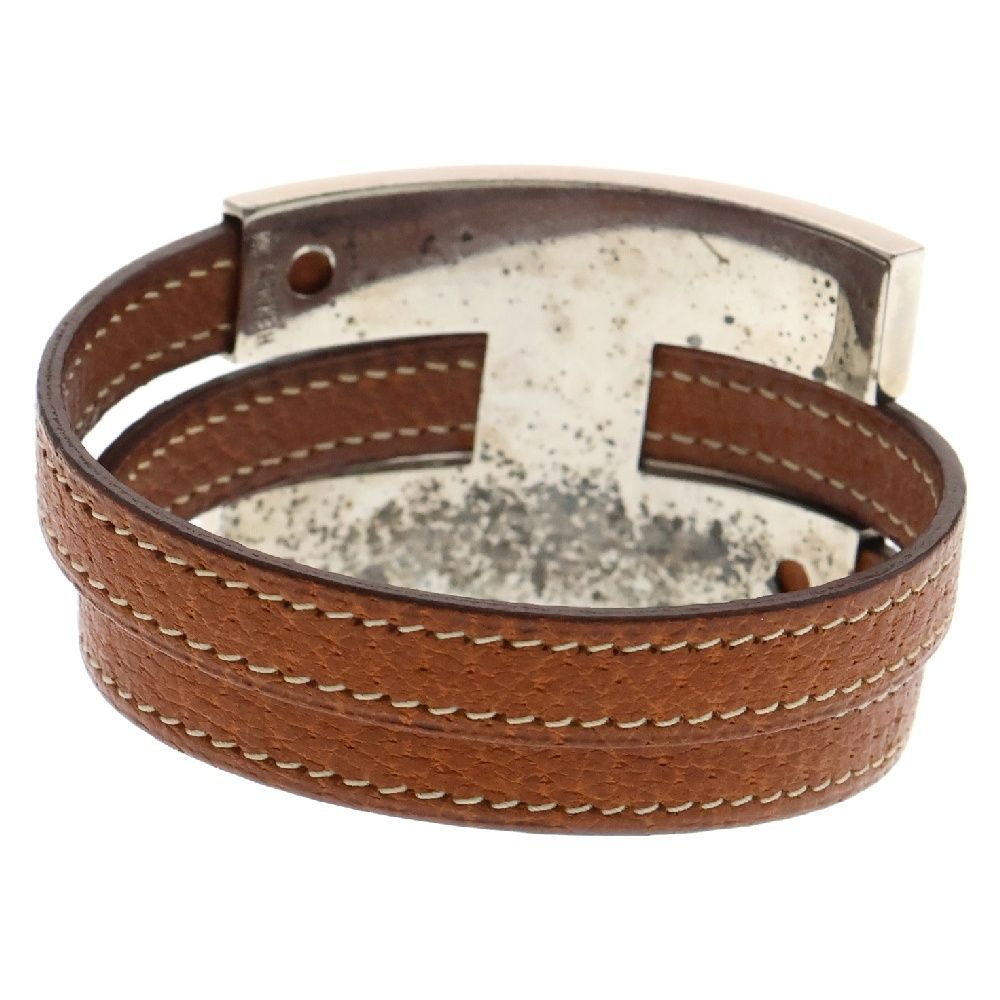 【良品】HERMESプスプス ブレスレット バングル レザー ブラウン　シルバー HERMES (エルメス) プスプス バングル ブレスレット ブラウン