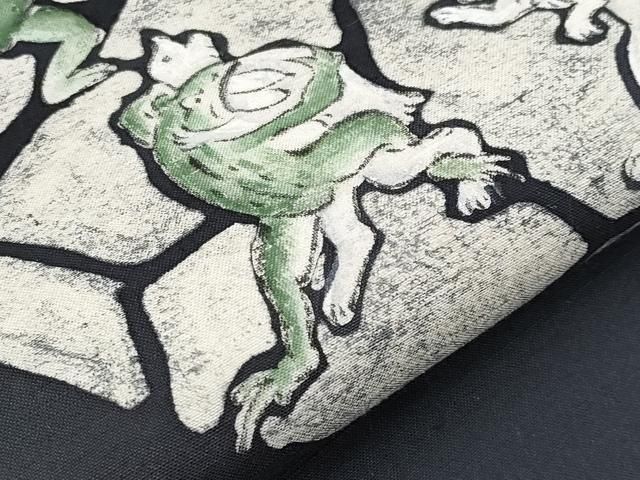 平和屋本店□極上 両面 太鼓柄袋帯 紬地 鳥獣戯画 黒地 逸品