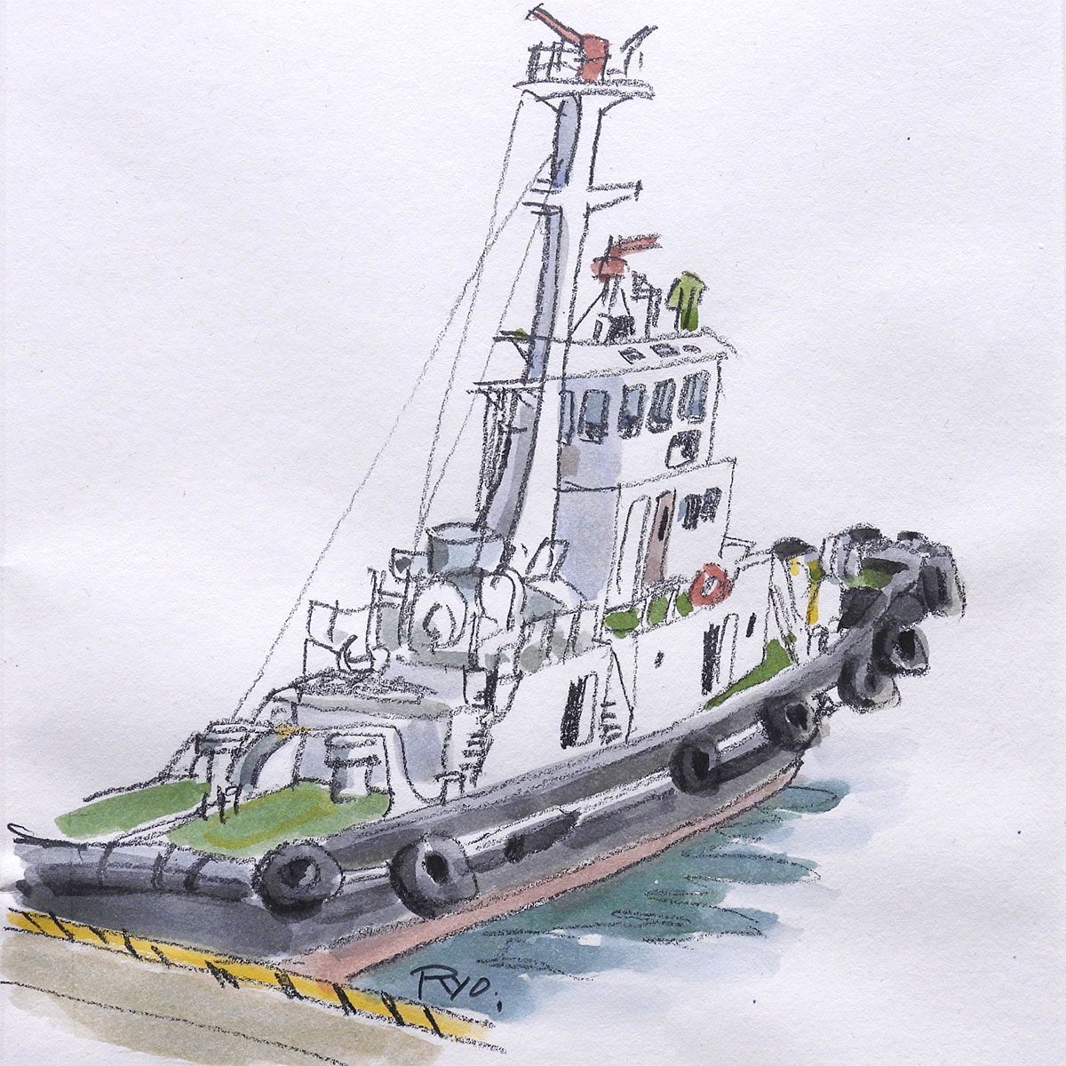 柳原良平 横浜港のタグボート 水彩4号 鑑定書付 船 海 原画 絵画 真作保証 柳原良平 横浜港のタグボート 紙に水彩4号 公式鑑定書付 船 舟